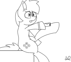 Size: 704x611 | Tagged: safe, artist:sketchlines, oc, oc only, earth pony, pony, drawing challenge, game, lineart, monochrome, solo, tongue out, video game, wii