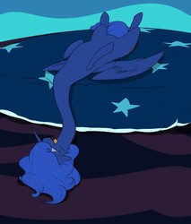 Size: 1089x1280 | Tagged: safe, artist:astr0zone, princess luna, g4, bed, female, impossibly long neck, long neck, messy mane, necc, princess luneck, sibling rivalry, sleeping, solo, spread wings, tongue out, wings