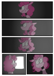 Size: 1024x1432 | Tagged: safe, artist:brownmota, pinkie pie, pony, comic:everyone laugh, g4, comic, female, looking at you, looking back, open mouth, solo, sweat