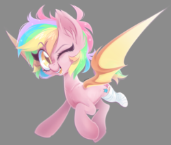 Size: 2290x1945 | Tagged: safe, artist:zombie, oc, oc only, oc:paper stars, bat pony, pony, amputee, bandage, bat wings, cute, fangs, gray background, high res, looking at you, ocbetes, one eye closed, open mouth, open smile, simple background, slit pupils, smiling, smiling at you, solo, spread wings, wings, wink, winking at you