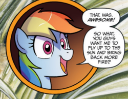 Size: 752x587 | Tagged: safe, idw, rainbow dash, pony, friends forever #31, g4, my little pony: friends forever, spoiler:comic, cropped, female, icarus, mare, out of context, prometheus, rainbow dumb, solo, this will end in fire, this will not end well