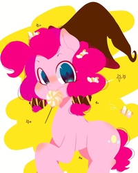 Size: 1024x1280 | Tagged: safe, artist:koto, pinkie pie, earth pony, pony, g4, blushing, candy, female, food, hat, looking at you, mare, mouth hold, solo, witch hat