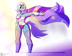 Size: 2600x2000 | Tagged: safe, artist:mopyr, trixie, anthro, unguligrade anthro, g4, armpits, badass, breasts, cape, cleavage, clothes, female, gloves, hat, high res, leotard, looking at you, magician outfit, socks, solo, thigh highs, trixie's hat, wide hips
