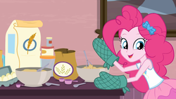 Size: 1920x1080 | Tagged: safe, screencap, pinkie pie, equestria girls, g4, my little pony equestria girls: better together, pinkie sitting, female, oven mitts, solo