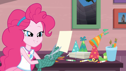 Size: 1920x1080 | Tagged: safe, screencap, pinkie pie, equestria girls, g4, my little pony equestria girls: better together, pinkie sitting, female, geode of sugar bombs, oven mitts, scissors, solo