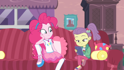 Size: 1920x1080 | Tagged: safe, screencap, lily pad (g4), pinkie pie, equestria girls, g4, my little pony equestria girls: better together, pinkie sitting, clothes, female, geode of sugar bombs, pantyhose, rah rah skirt, skirt, young