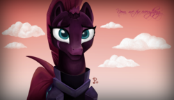 Size: 2637x1516 | Tagged: safe, artist:pyrovip, tempest shadow, pony, unicorn, g4, my little pony: the movie, broken horn, cloud, eye scar, female, horn, mare, pretty pretty tempest, scar, smiling, solo