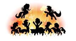 Size: 2208x1200 | Tagged: safe, artist:tsitra360, applejack, dj pon-3, fluttershy, pinkie pie, rainbow dash, rarity, twilight sparkle, vinyl scratch, pony, g4, cutie mark background, silhouette