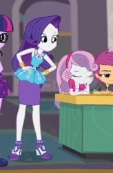 Size: 626x956 | Tagged: safe, screencap, apple bloom, rarity, sci-twi, scootaloo, sweetie belle, twilight sparkle, equestria girls, g4, my little pony equestria girls: better together, school of rock, animated, belle sisters, bracelet, butt bump, butt smash, clothes, cropped, cute, cutie mark crusaders, female, geode of shielding, gif, high heels, jewelry, legs, pencil skirt, raribetes, rarity peplum dress, sassy, shoes, shrug, siblings, sisters, skirt, sleeping, smiling, sweetie belle is not amused, unamused, waking up