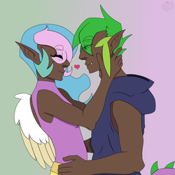 Size: 1688x1688 | Tagged: safe, artist:moonakart13, artist:moonaknight13, princess celestia, spike, dragon, human, g4, clothes, crack shipping, dark skin, eyes closed, female, gradient background, heart, humanized, lidded eyes, male, otp, pointed ears, ship:spikelestia, shipping, straight
