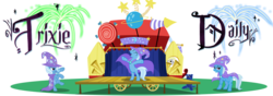 Size: 1000x350 | Tagged: safe, derpy hooves, trixie, ursa minor, equestria daily, g4, blackletter, cape, clothes, fireworks, hat, self ponidox, simple background, transparent background, trixie day, trixie's cape, trixie's hat