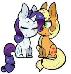 Size: 612x629 | Tagged: safe, artist:urbanqhoul, applejack, rarity, earth pony, pony, unicorn, g4, blushing, duo, eyes closed, female, lesbian, mare, ship:rarijack, shipping, simple background, smiling, transparent background