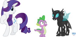 Size: 9404x4602 | Tagged: safe, artist:dnastudiobrony, rarity, spike, thorax, dragon, pony, g4, absurd resolution, blushing, changeling x dragon, female, gay, interspecies, jealous rarity, male, ship:thoraxspike, shipping, simple background, spikeling, transparent background