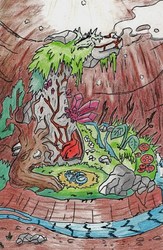 Size: 1019x1564 | Tagged: safe, artist:kuroneko, derpibooru exclusive, princess ember, dragon, g4, cave, colored pencil drawing, crystal, dragoness, female, grass, mother and daughter, mushroom, sleeping, smoke, sunlight, traditional art, tree, water