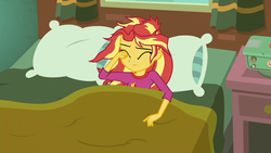 Size: 1280x720 | Tagged: safe, screencap, sunset shimmer, equestria girls, g4, monday blues, my little pony equestria girls: summertime shorts, alarm clock, bed, bedroom, blanket, clock, eyes closed, female, house, indoors, nightstand, pillow, solo, sunset's apartment, waking up