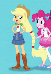 Size: 354x514 | Tagged: safe, screencap, applejack, pinkie pie, equestria girls, g4, my little pony equestria girls: better together, animated, cute, diapinkes, female, geode of sugar bombs, geode of super strength, gif, grin, happy, jackabetes, piggyback ride, ponied up, smiling