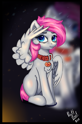 Size: 3297x4991 | Tagged: safe, artist:drafthoof, oc, oc only, oc:gloomy frenzy, pegasus, pony, collar, dog tags, salute, simple background, solo, wing hands, zoom layer