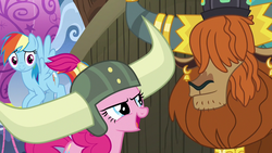 Size: 1280x720 | Tagged: safe, screencap, pinkie pie, prince rutherford, rainbow dash, pony, yak, g4, not asking for trouble, helmet, honorary yak horns, horned helmet, viking helmet