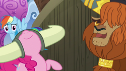 Size: 1280x720 | Tagged: safe, screencap, pinkie pie, prince rutherford, rainbow dash, pony, yak, g4, not asking for trouble, helmet, honorary yak horns, horned helmet, nose in the air, viking helmet