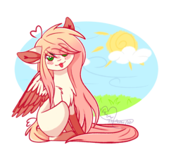 Size: 3018x2482 | Tagged: safe, artist:honeybbear, oc, oc only, oc:akarui sakura, pegasus, pony, colored wings, female, high res, mare, multicolored wings, sitting, solo, tongue out