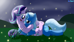 Size: 2560x1440 | Tagged: safe, artist:rupert, starlight glimmer, trixie, firefly (insect), pony, unicorn, g4, female, grass, lesbian, looking at each other, mare, night, ship:startrix, shipping, smiling, trixie day
