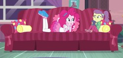 Size: 1018x483 | Tagged: safe, screencap, lily pad (g4), pinkie pie, equestria girls, equestria girls series, g4, pinkie sitting, clothes, couch, cropped, female, geode of sugar bombs, out of context, pantyhose, rah rah skirt, skirt, stranger danger, young