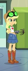 Size: 289x717 | Tagged: safe, screencap, applejack, a queen of clubs, equestria girls, g4, my little pony equestria girls: better together, applejack's hat, boots, canterlot high, clothes, cowboy boots, cowboy hat, cropped, denim skirt, female, freckles, geode of super strength, goggles, grappling hook, hat, lockers, magical geodes, night vision goggles, shoes, skirt, stetson