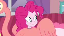 Size: 1277x719 | Tagged: safe, screencap, pinkie pie, flamingo, equestria girls, g4, my little pony equestria girls: better together, pinkie sitting, clothes, costume, cute, diapinkes, smiling