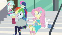 Size: 800x450 | Tagged: safe, screencap, angel bunny, bon bon, fluttershy, lyra heartstrings, rainbow dash, sweetie drops, a queen of clubs, equestria girls, g4, my little pony equestria girls: better together, animated, background human, canterlot high, geode of fauna, geode of super speed, gif, magical geodes, out of context