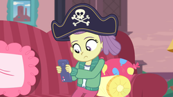 Size: 1920x1080 | Tagged: safe, screencap, lily pad (g4), equestria girls, g4, my little pony equestria girls: better together, pinkie sitting, female, hat, pirate hat, solo, young