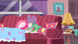 Size: 1920x1080 | Tagged: safe, screencap, lily pad (g4), pinkie pie, equestria girls, g4, my little pony equestria girls: better together, pinkie sitting, blanket, cute, daaaaaaaaaaaw, sleeping, young