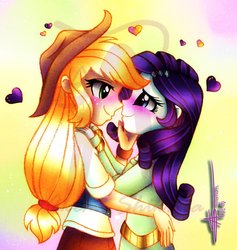 Size: 870x918 | Tagged: safe, artist:shikimaakemi, applejack, rarity, equestria girls, g4, blushing, female, heart, lesbian, looking at each other, obtrusive watermark, ship:rarijack, shipping, watermark