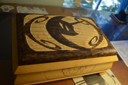 Size: 4928x3264 | Tagged: safe, nightmare moon, g4, box, halloween, holiday, irl, nightmare night, nightmare night symbol, photo, pyrography, traditional art, wip, woodwork