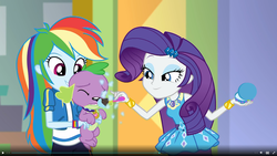 Size: 1920x1080 | Tagged: safe, screencap, rainbow dash, rarity, spike, spike the regular dog, dog, a fine line, equestria girls, g4, my little pony equestria girls: better together, forced makeover, geode of shielding, makeover, rarity peplum dress, smiling
