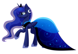 Size: 1024x713 | Tagged: safe, artist:whitehershey, princess luna, alicorn, pony, g4, clothes, dress, female, mare, raised hoof, simple background, solo, transparent background