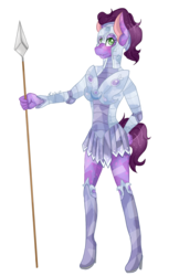 Size: 1242x1920 | Tagged: safe, artist:mscolorsplash, oc, oc only, oc:amethyst rose, crystal pony, anthro, anthro oc, armor, boots, commission, commissioner:alkonium, crystal guard, crystal guard armor, guard armor, high heel boots, high heels, shoes, simple background, spear, transparent background, weapon