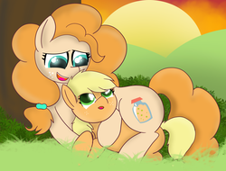 Size: 4562x3458 | Tagged: safe, artist:skyflys, applejack, pear butter, g4, cute, female, filly, filly applejack, like mother like daughter, like parent like child, mother and daughter, snuggling, sunset, younger