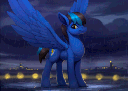 Size: 800x571 | Tagged: safe, artist:rodrigues404, oc, oc only, oc:lightning flash, pegasus, pony, animated, cinemagraph, commission, cute, lightning, looking at you, male, night, rain, solo, spread wings, stallion, storm, thunderstorm, wings