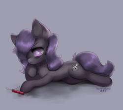 Size: 3900x3499 | Tagged: safe, artist:tawni-tailwind, oc, oc only, oc:shani, earth pony, pony, blind, cutie mark, female, grumpy, hair covering face, high res, lockpick, lying down, mare, simple background, solo