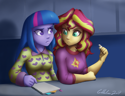 Size: 1280x989 | Tagged: safe, artist:gabbslines, sunset shimmer, twilight sparkle, equestria girls, g4, my little pony equestria girls: rainbow rocks, clothes, female, food, lesbian, notebook, pajamas, redraw, ship:sunsetsparkle, shipping, signature, sleepover, slumber party, twilight sparkle (alicorn), whipped cream