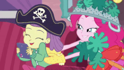 Size: 600x340 | Tagged: safe, screencap, lily pad (g4), pinkie pie, equestria girls, g4, my little pony equestria girls: better together, pinkie sitting, animated, cute, diapinkes, female, gif, lily padorable, tickling, young