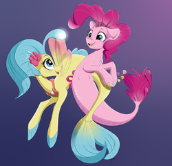 Size: 5116x4912 | Tagged: safe, artist:faline-art, pinkie pie, princess skystar, earth pony, seapony (g4), g4, my little pony: the movie, absurd resolution, belly button, blue background, blue eyes, blue mane, dorsal fin, duo, female, fin, fin wings, fins, fish tail, flower, flower in hair, flowing mane, flowing tail, glowing, gradient background, jewelry, lesbian, looking at each other, looking at someone, mare, necklace, ocean, open mouth, pearl necklace, seaponified, seapony pinkie pie, seashell necklace, ship:skypie, shipping, signature, simple background, smiling, smiling at each other, species swap, tail, teeth, underwater, water, wings