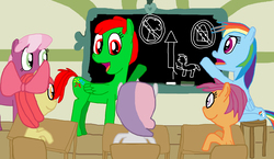 Size: 3372x1962 | Tagged: safe, artist:sb1991, apple bloom, cheerilee, rainbow dash, scootaloo, sweetie belle, oc, oc:fire sparks, pony, g4, chalkboard, cutie mark crusaders, lesson, ponyville schoolhouse, safety, story art