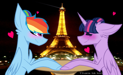 Size: 879x541 | Tagged: safe, artist:themilkyrainbow, rainbow dash, twilight sparkle, alicorn, pony, g4, eiffel tower, female, france, heart, irl, lesbian, paris, photo, ponies in real life, ship:twidash, shipping, twilight sparkle (alicorn)