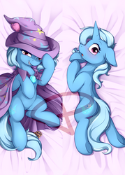 Size: 800x1120 | Tagged: safe, artist:theparagon, trixie, pony, unicorn, g4, body pillow, body pillow design, butt, cape, clothes, cup, cute, dakimakura cover, diatrixes, female, grin, hat, looking at you, looking back, mare, obtrusive watermark, pinecone, plot, smiling, solo, teacup, trixie's cape, trixie's hat, watermark