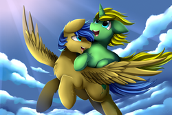 Size: 4117x2757 | Tagged: safe, artist:pridark, oc, oc only, pegasus, pony, unicorn, cloud, commission, crepuscular rays, duo, flying, high res, male, open mouth, sky, stallion