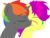 Size: 1882x1431 | Tagged: safe, artist:anonymousnekodos, oc, oc only, oc:krylone, oc:shockwave, pegasus, pony, unicorn, blushing, cheek kiss, female, kissing, lineless, male, mare, one eye closed, rainbow hair, simple background, stallion, transparent background