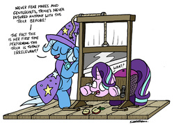 Size: 2291x1637 | Tagged: safe, artist:bobthedalek, starlight glimmer, trixie, pony, unicorn, g4, apple, apple seed, assistant's outfit, clothes, cufflinks, cuffs (clothes), dark comedy, dialogue, duo, duo female, exact words, female, fishnet stockings, food, guillotine, imminent death, imminent decapitation, lock, magic show, magic trick, magician outfit, mare, platform, simple background, stage, standing, this will end in death, this will not end well, uh-oh, welp, white background