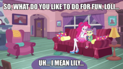 Size: 1245x700 | Tagged: safe, edit, edited screencap, screencap, lily pad (g4), pinkie pie, equestria girls, g4, my little pony equestria girls: better together, pinkie sitting, caption, female, image macro, meme, out of context, young