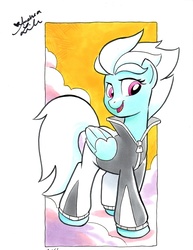Size: 1700x2200 | Tagged: source needed, safe, artist:tonyfleecs, fleetfoot, pegasus, pony, g4, andrea libman, autograph, clothes, cloud, colored sketch, female, mare, signature, solo, warmup suit, wonderbolts, workout outfit